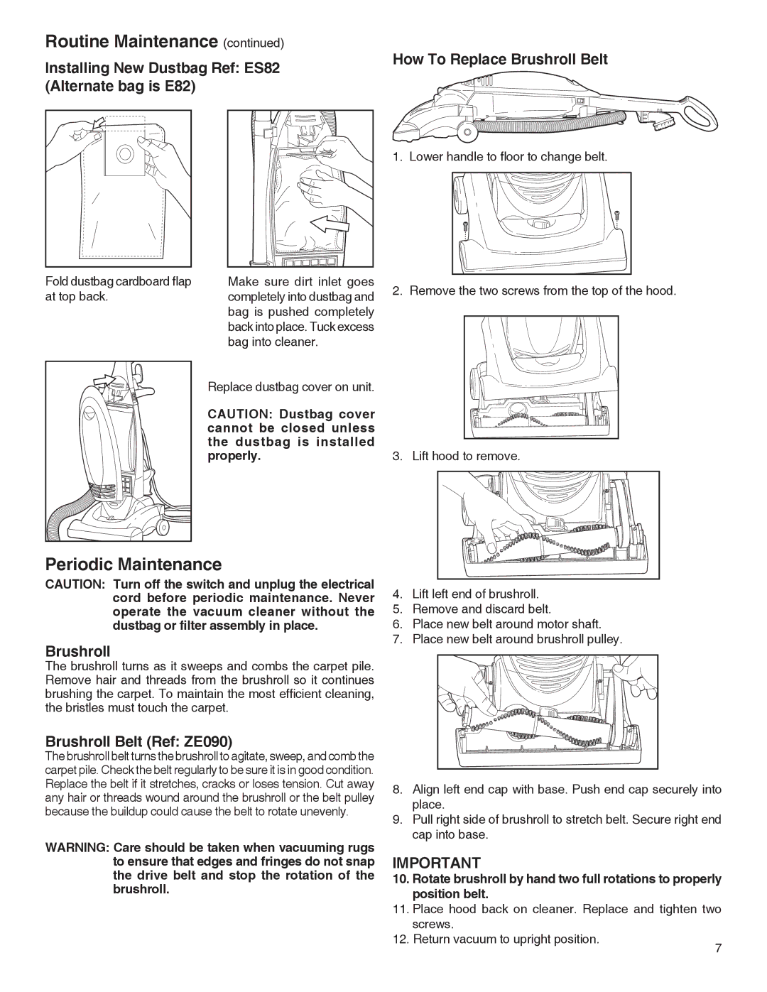 Electrolux Z2250 series manual Periodic Maintenance, Installing New Dustbag Ref ES82, Alternate bag is E82, Brushroll 