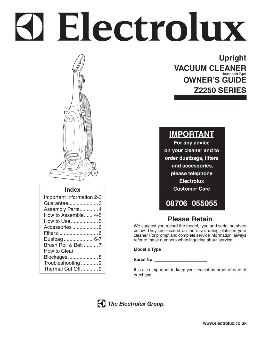 Electrolux manual OWNER’S Guide Z2250 Series, Index 