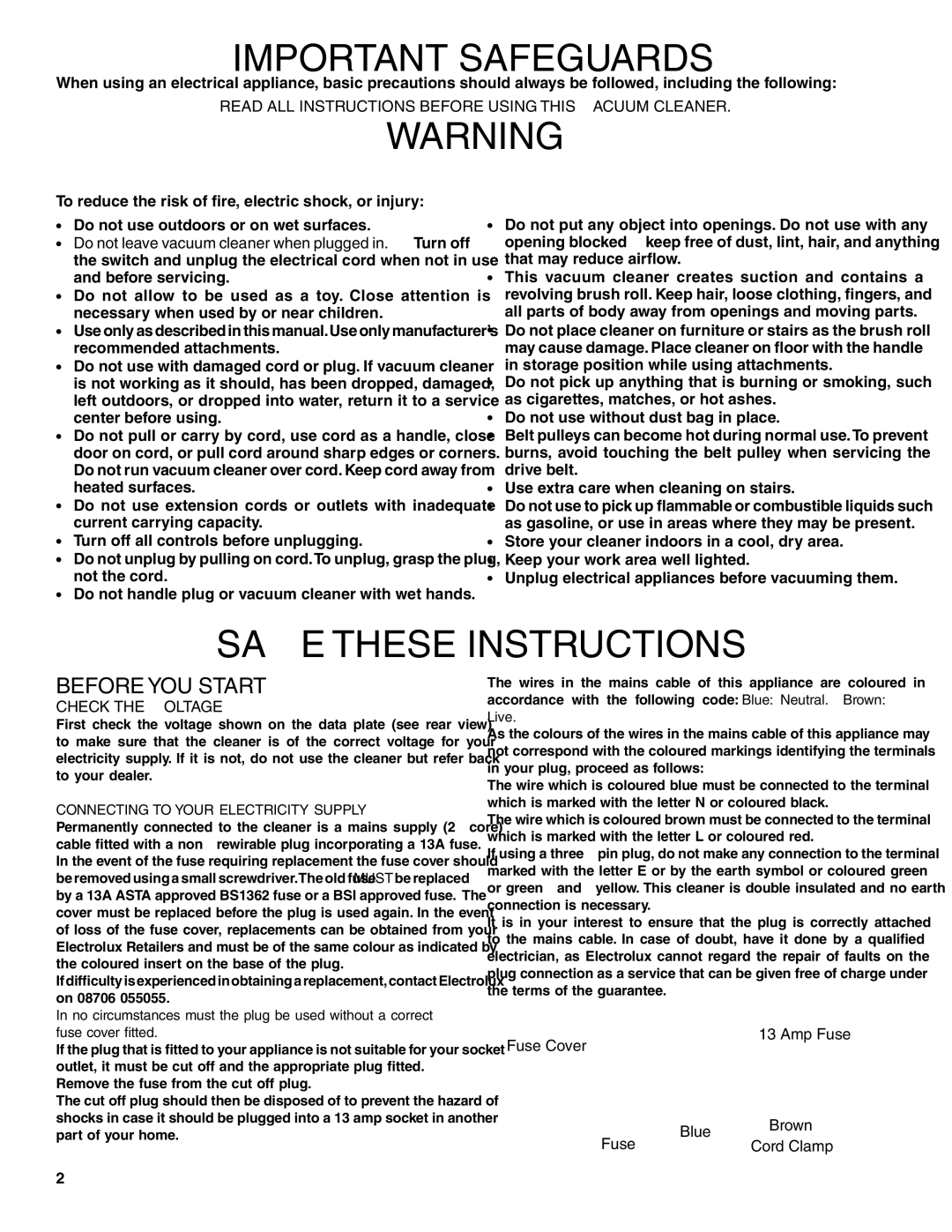 Electrolux Z2250 manual Fuse Cover Amp Fuse, Blue Brown Fuse Cord Clamp 