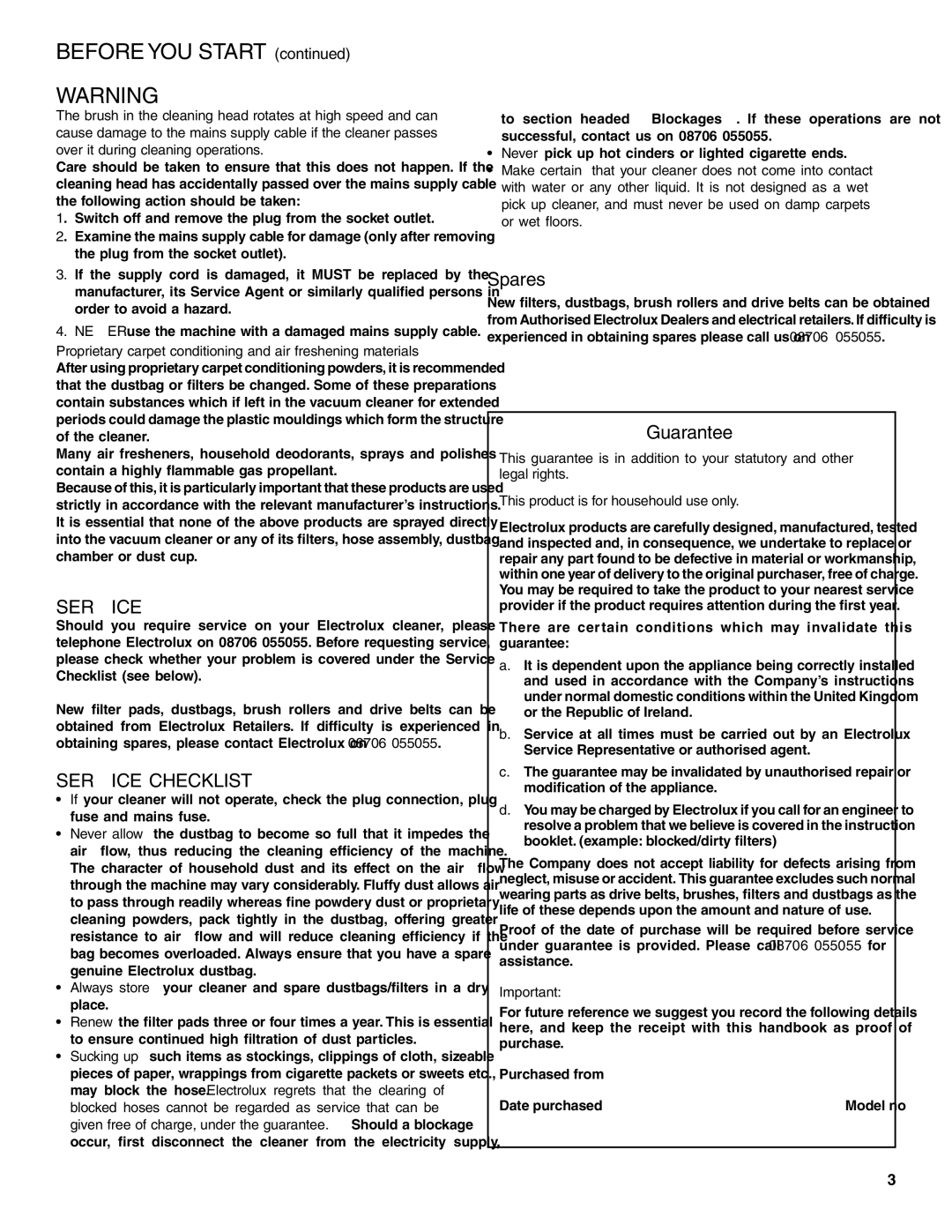 Electrolux Z2250 manual Before YOU Start, Spares, Guarantee 