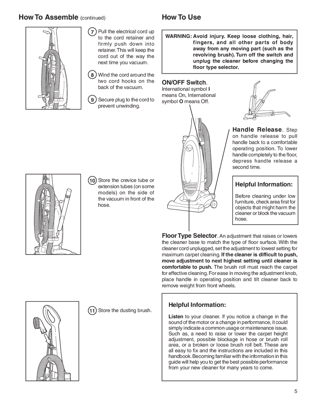 Electrolux Z2250 manual ON/OFF Switch, Helpful Information 