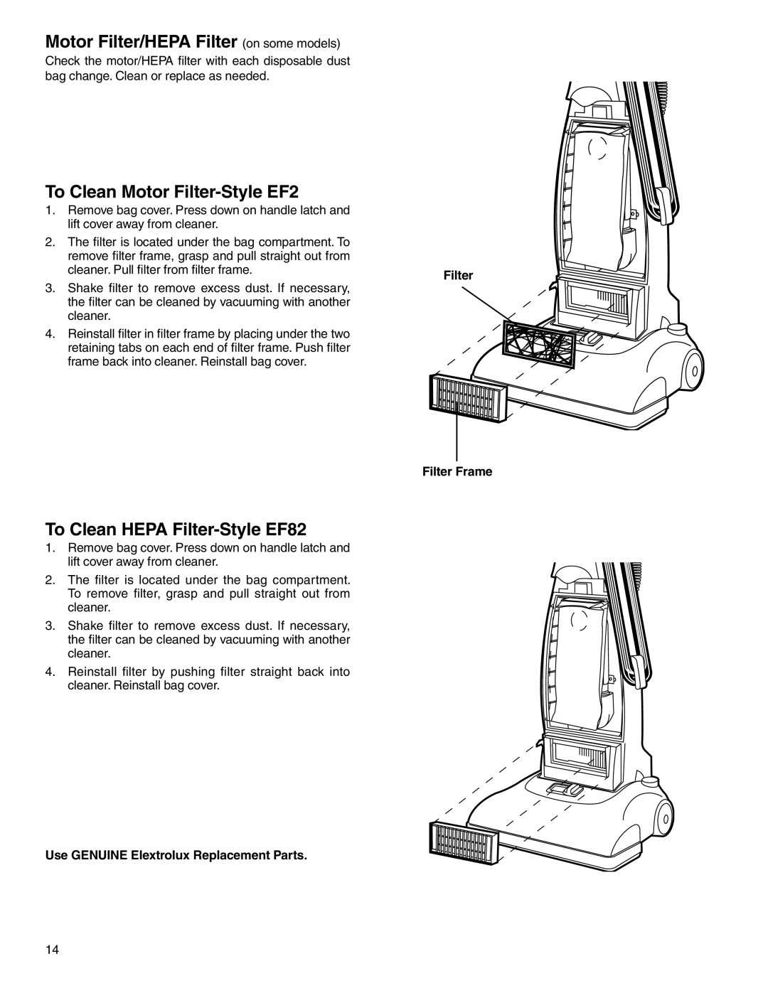 Electrolux Z2270-Z2290 Series manual Motor Filter/HEPA Filter on some models, To Clean Motor Filter-Style EF2 