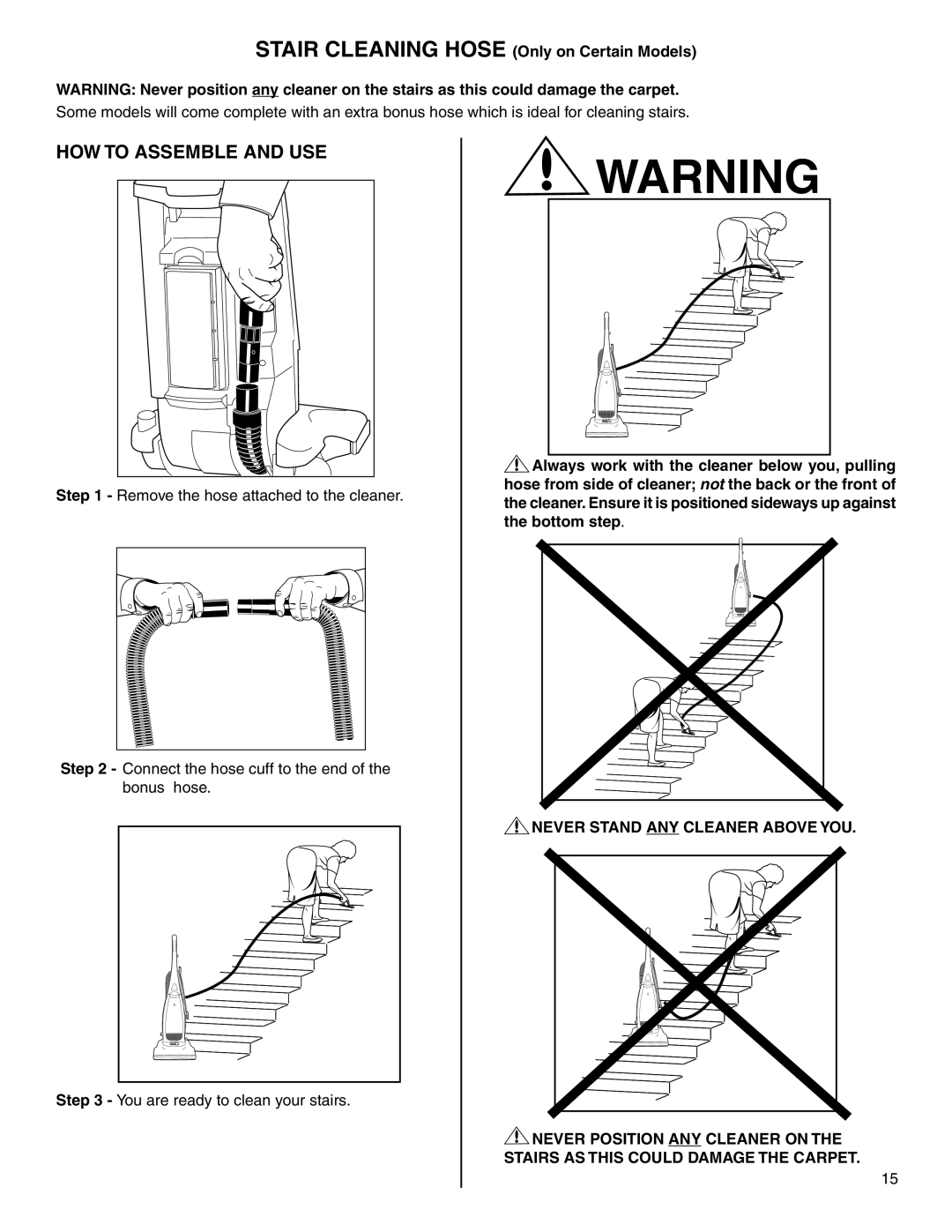 Electrolux Z2270-Z2290 Series manual Stair Cleaning Hose Only on Certain Models, Never Stand ANY Cleaner Above YOU 