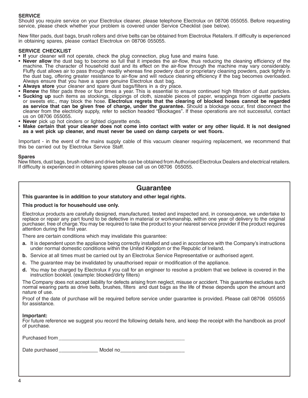 Electrolux Z2270-Z2290 Series manual Guarantee, Service Checklist, Spares 