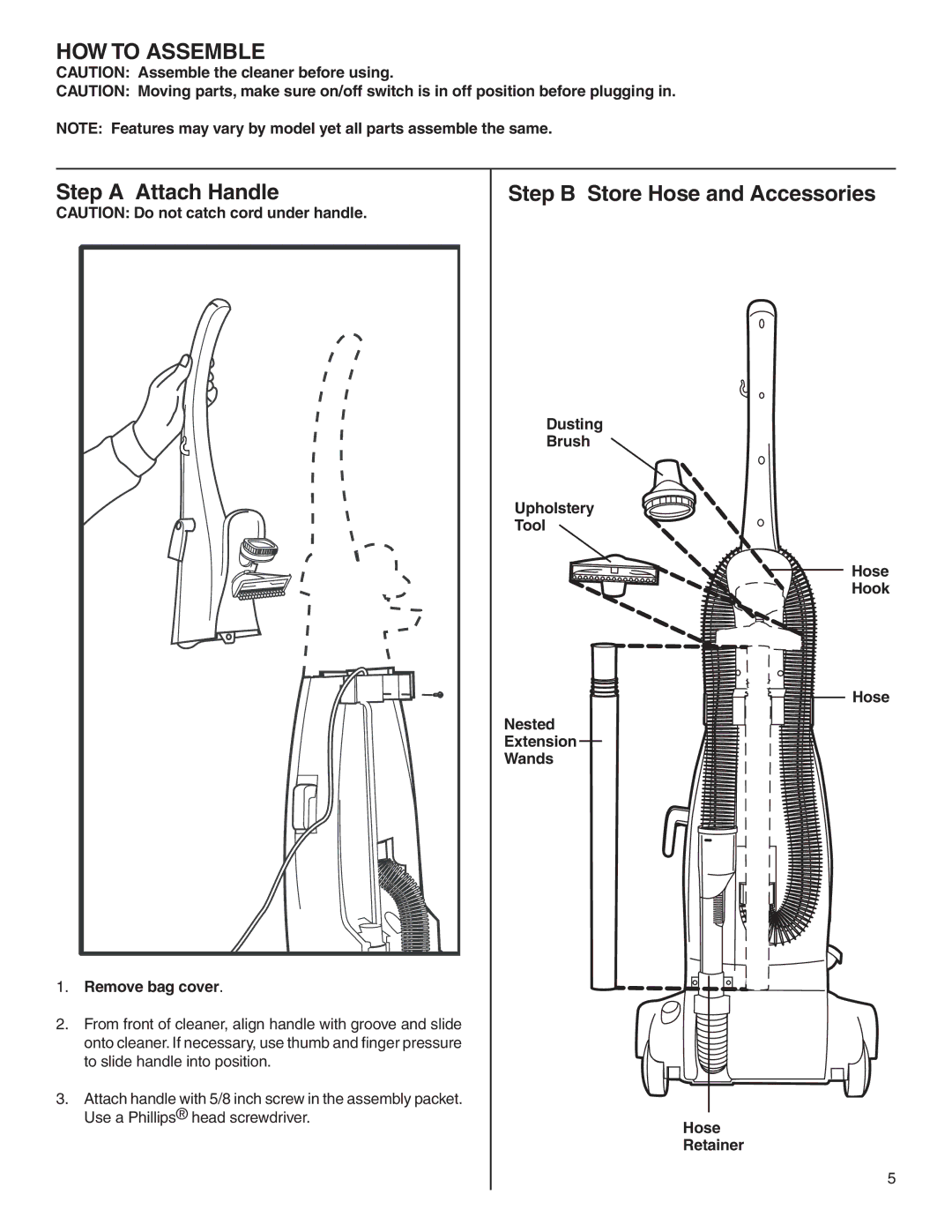 Electrolux Z2270-Z2290 Series manual HOW to Assemble, Step a Attach Handle Step B Store Hose and Accessories 