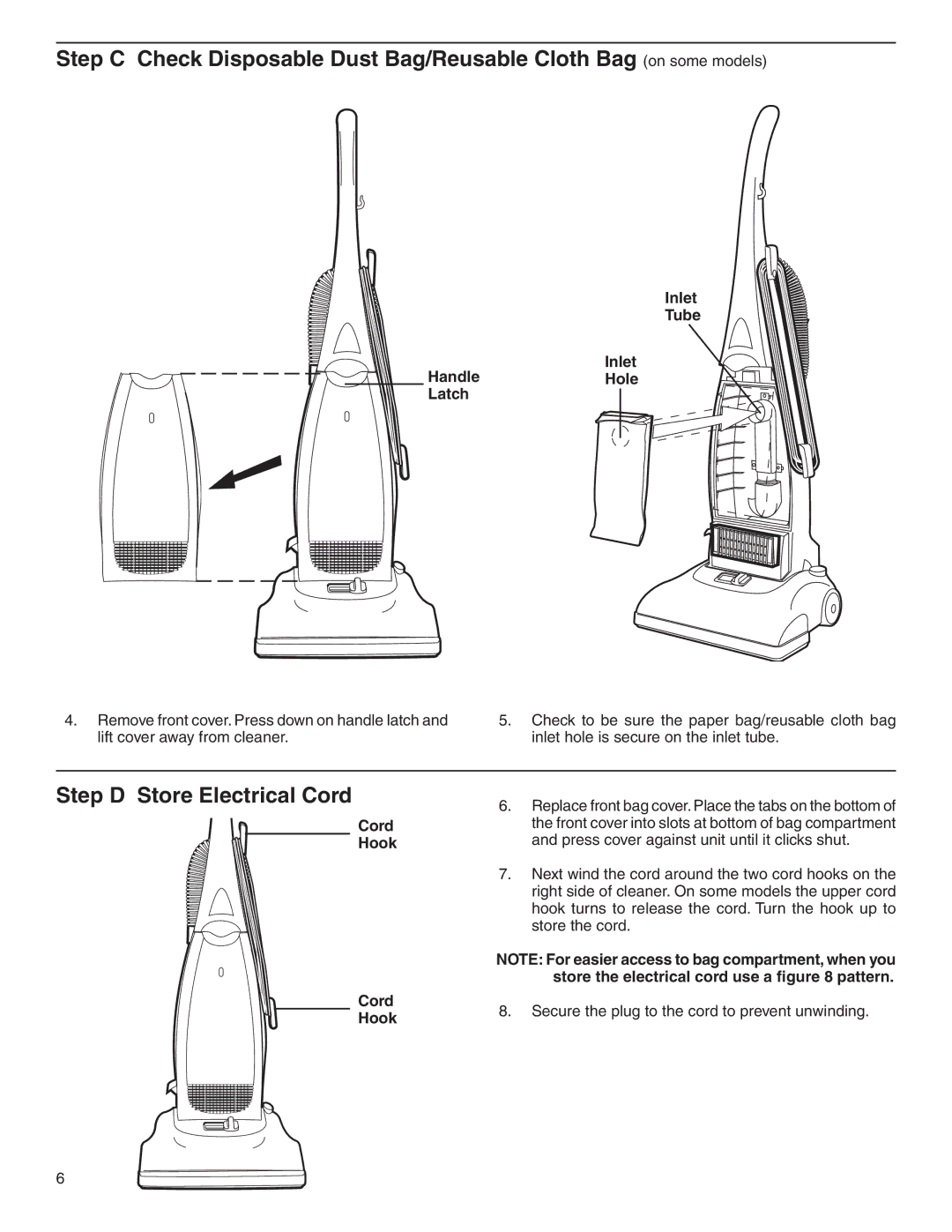 Electrolux Z2270-Z2290 Series manual Step D Store Electrical Cord, Inlet Tube HandleHole Latch, Cord Hook 