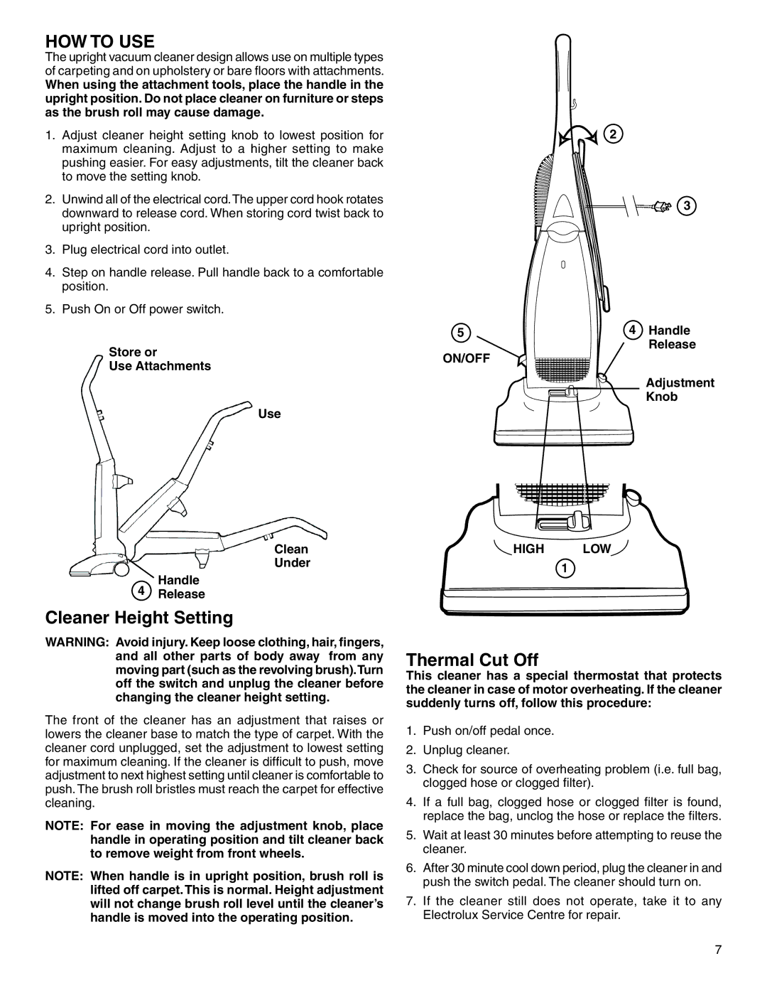 Electrolux Z2270-Z2290 Series manual HOW to USE, Cleaner Height Setting, ON/OFF High, Low 