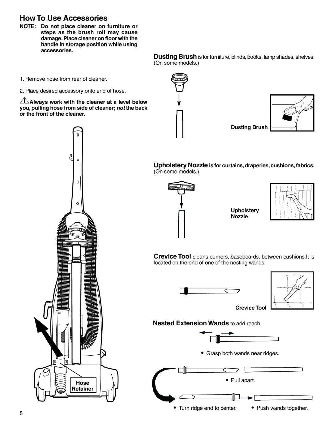 Electrolux Z2270-Z2290 Series manual How To Use Accessories, Hose Retainer Crevice Tool 