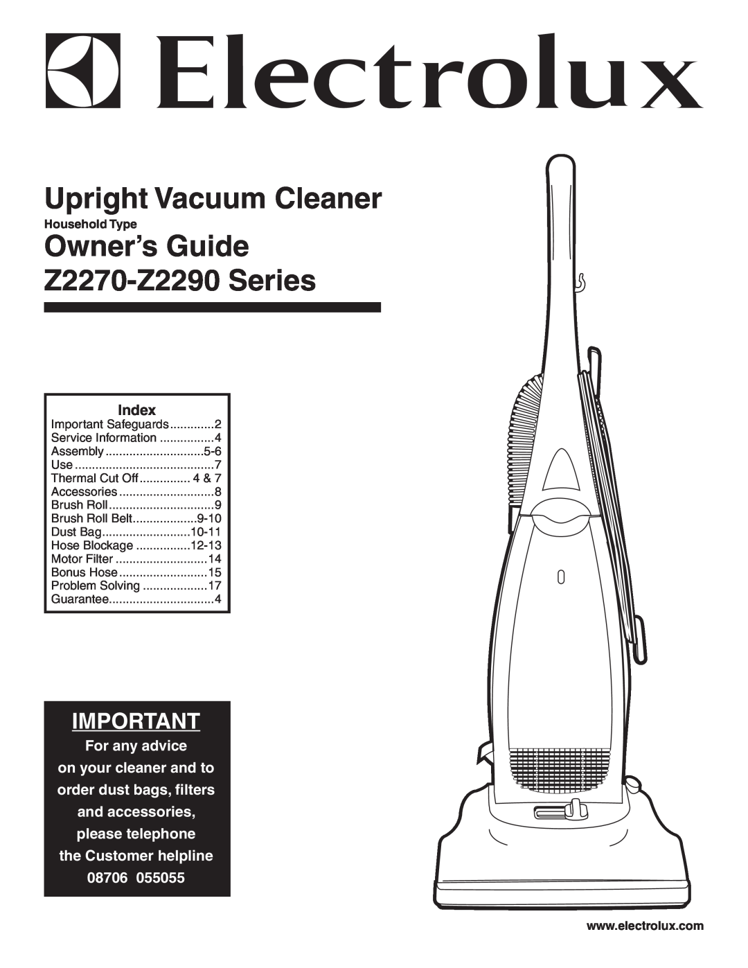 Electrolux manual Upright Vacuum Cleaner, Owner’s Guide Z2270-Z2290 Series, Index, For any advice, Thermal Cut Off 