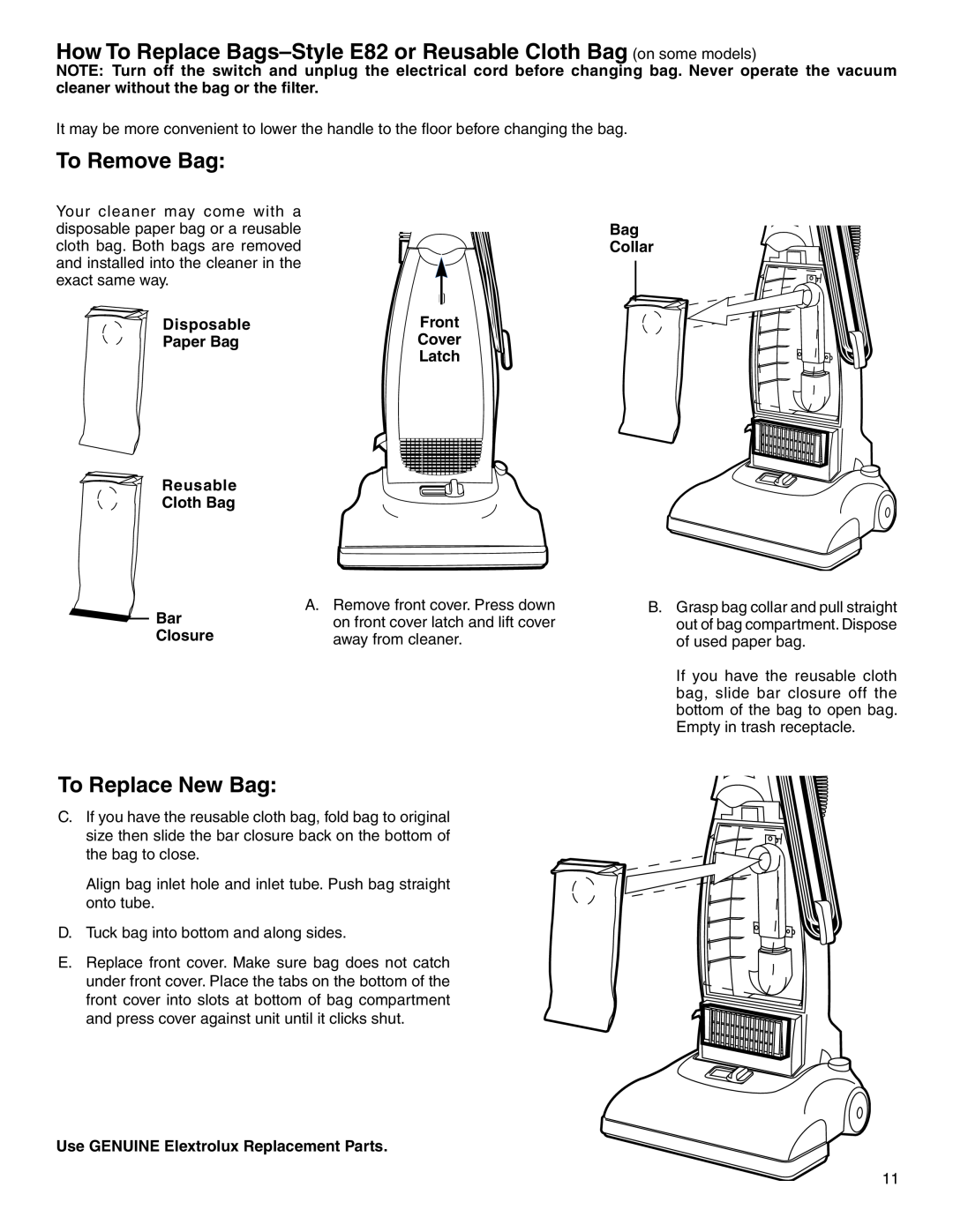 Electrolux Z2270-Z2290 Series manual How To Replace Bags-Style E82 or Reusable Cloth Bag on some models, To Remove Bag 