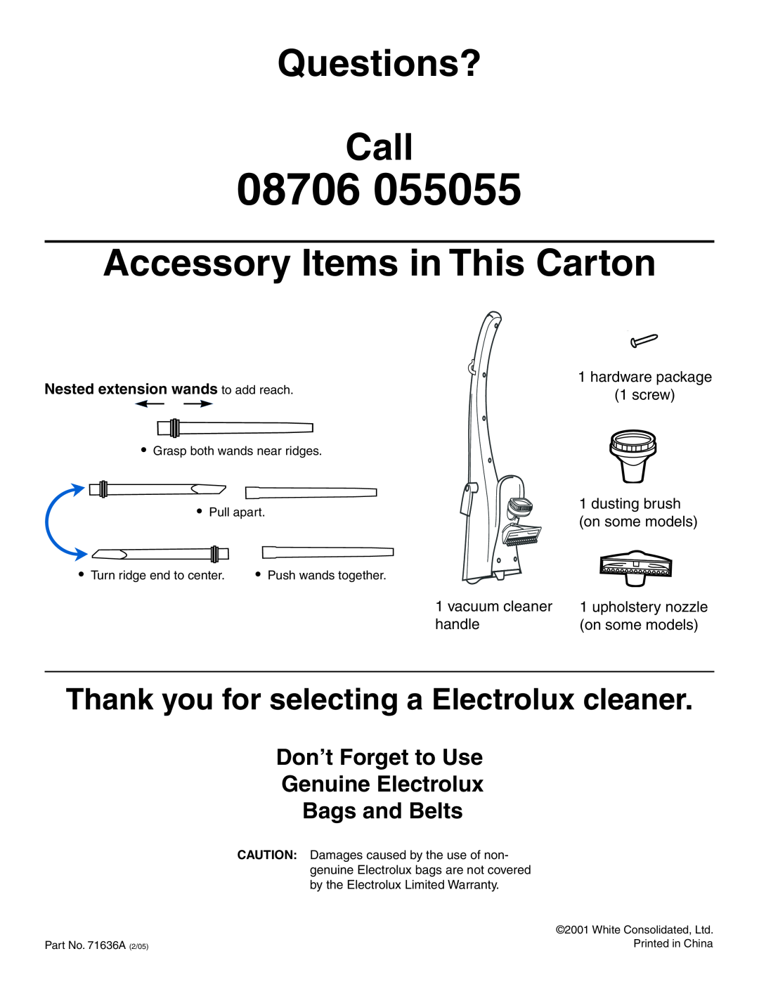 Electrolux Z2270-Z2290 Series Questions? Call, Accessory Items in This Carton, Nested extension wands to add reach, 08706 