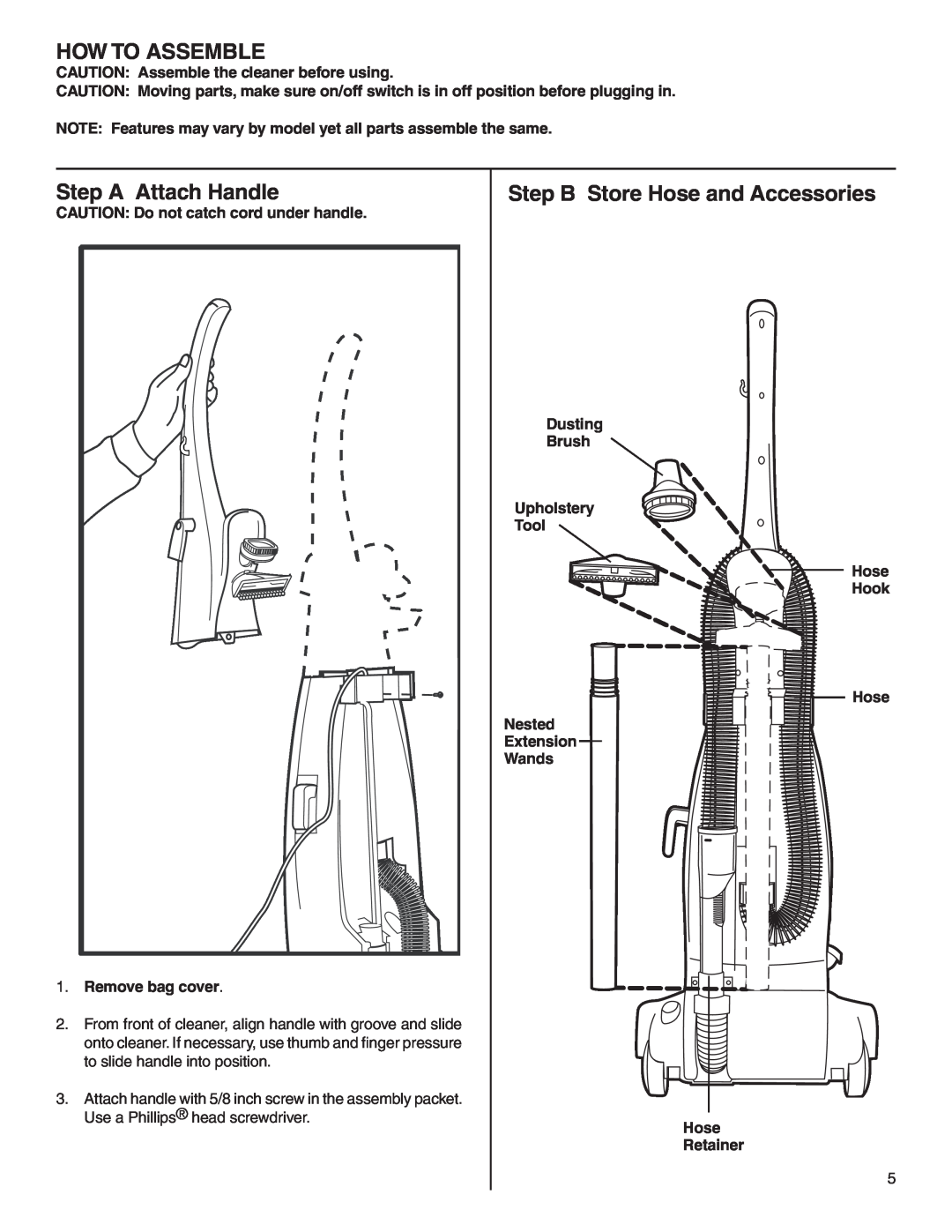 Electrolux Z2270-Z2290 Series manual How To Assemble, Step A Attach Handle, Step B Store Hose and Accessories 