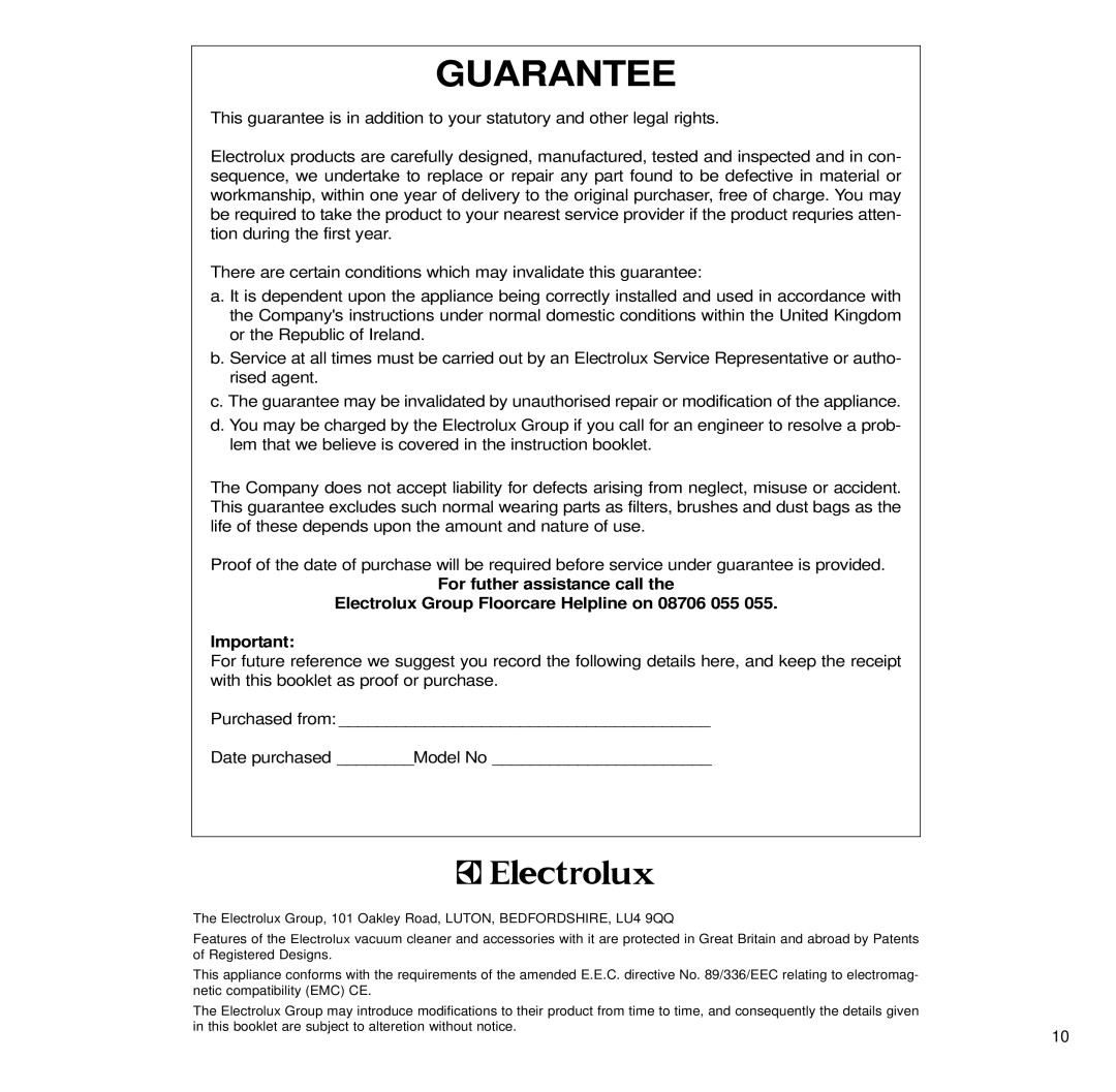 Electrolux Z2315, Z2312, Z2306 manual Guarantee 