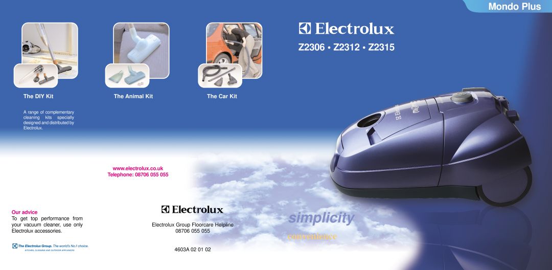 Electrolux manual simplicity, Mondo Plus Z2306 Z2312 Z2315, convenience, The DIY Kit, The Animal Kit, The Car Kit 