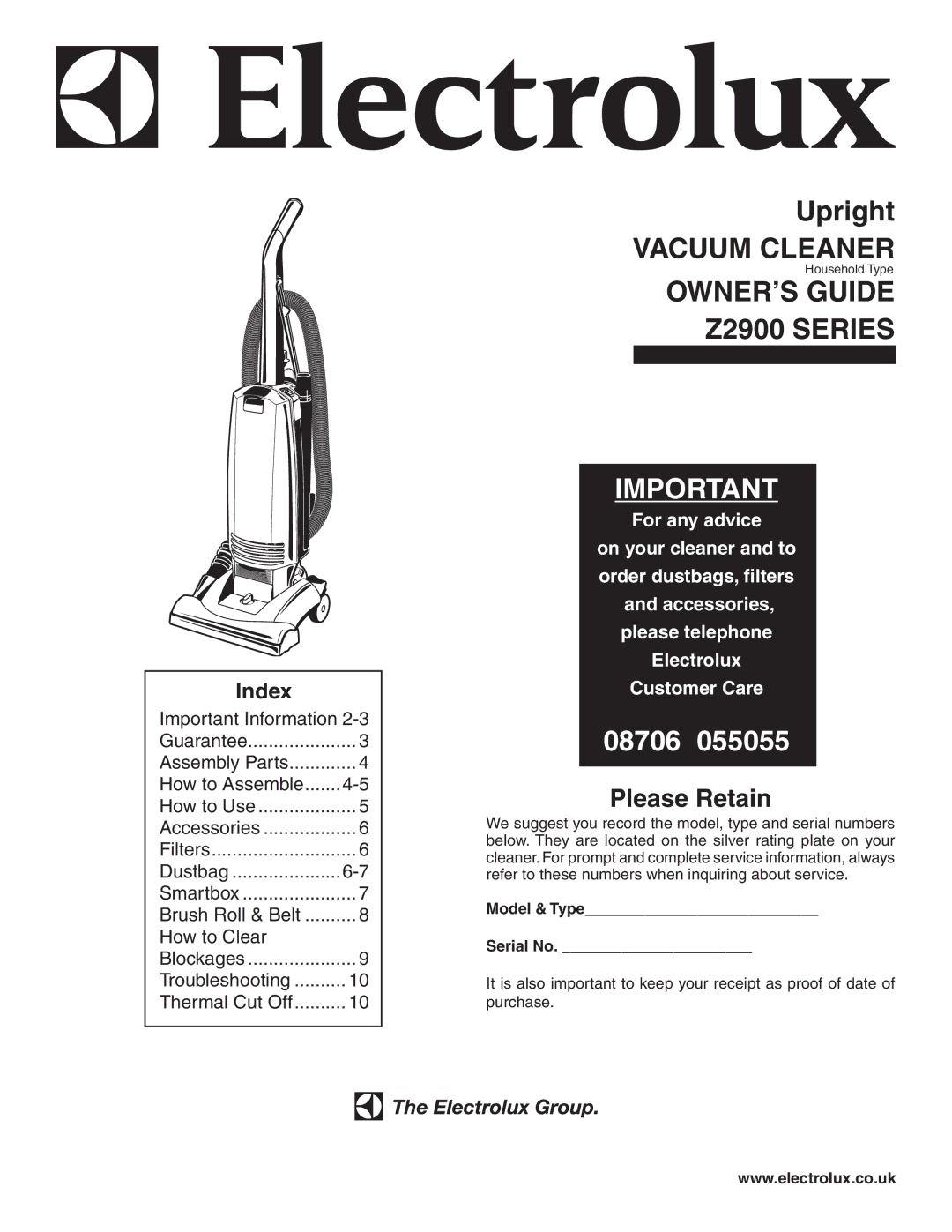 Electrolux Z2900 Series manual Upright, Index 