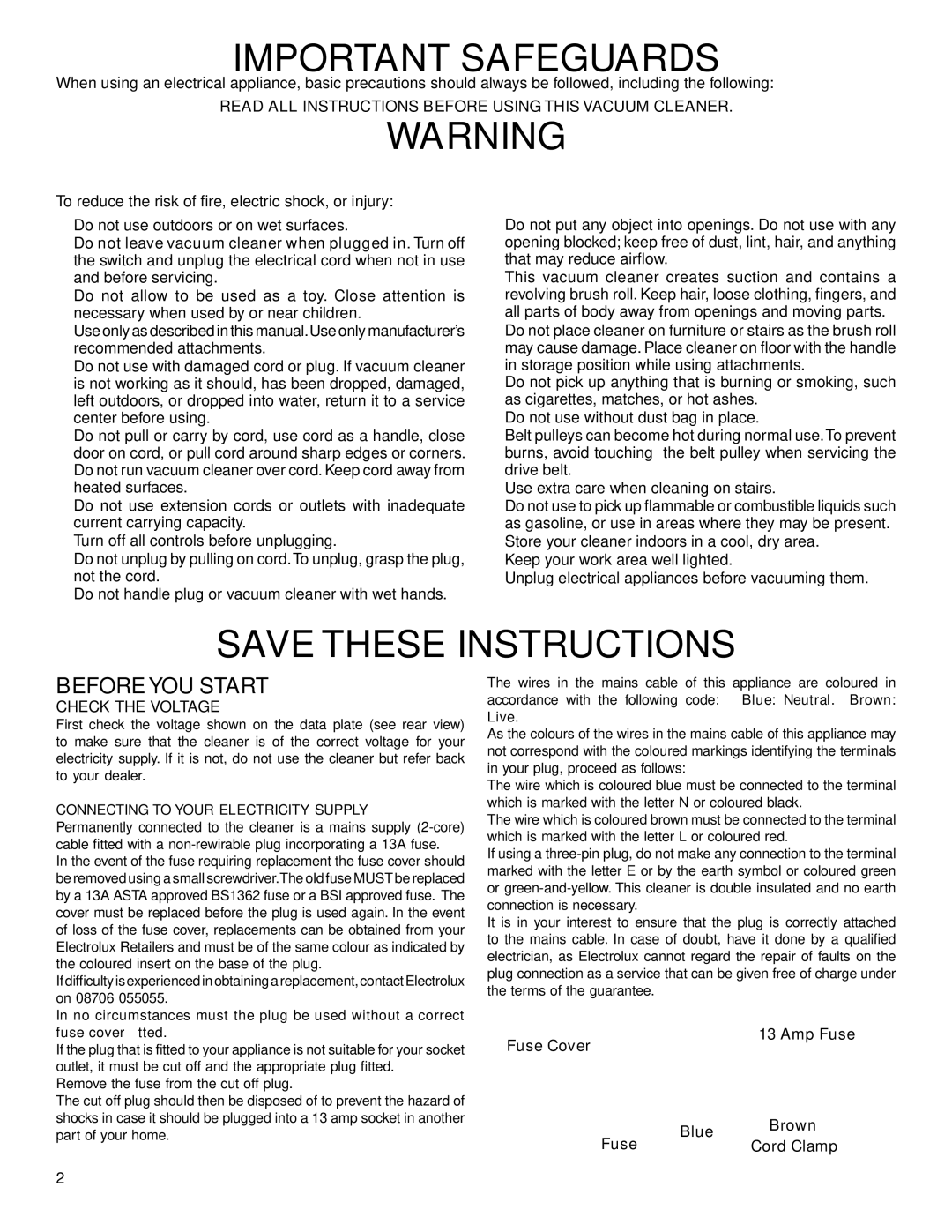 Electrolux Z2900 Series manual Important Safeguards 