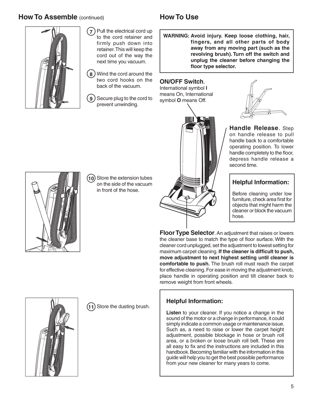 Electrolux Z2900 Series manual ON/OFF Switch, Helpful Information 