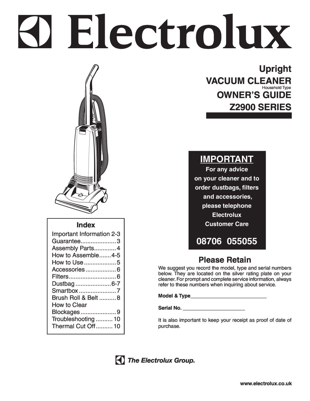Electrolux Z2900 Series manual Upright VACUUM CLEANER, OWNER’S GUIDE Z2900 SERIES, Index, 08706, Please Retain, Filters 