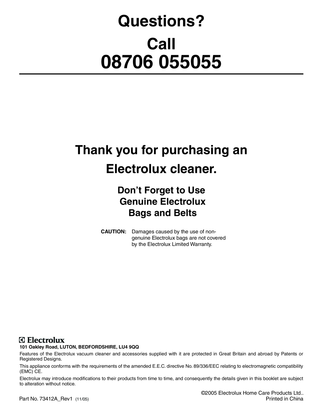 Electrolux Z2900 Series manual Thank you for purchasing an Electrolux cleaner, 08706, Questions? Call 