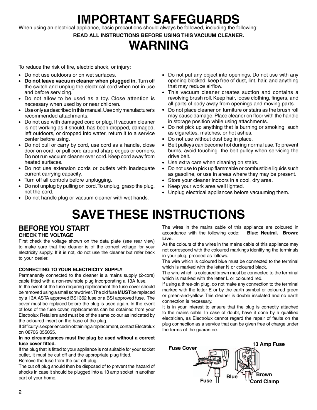 Electrolux Z2900 Series manual Important Safeguards, Save These Instructions, Before You Start 