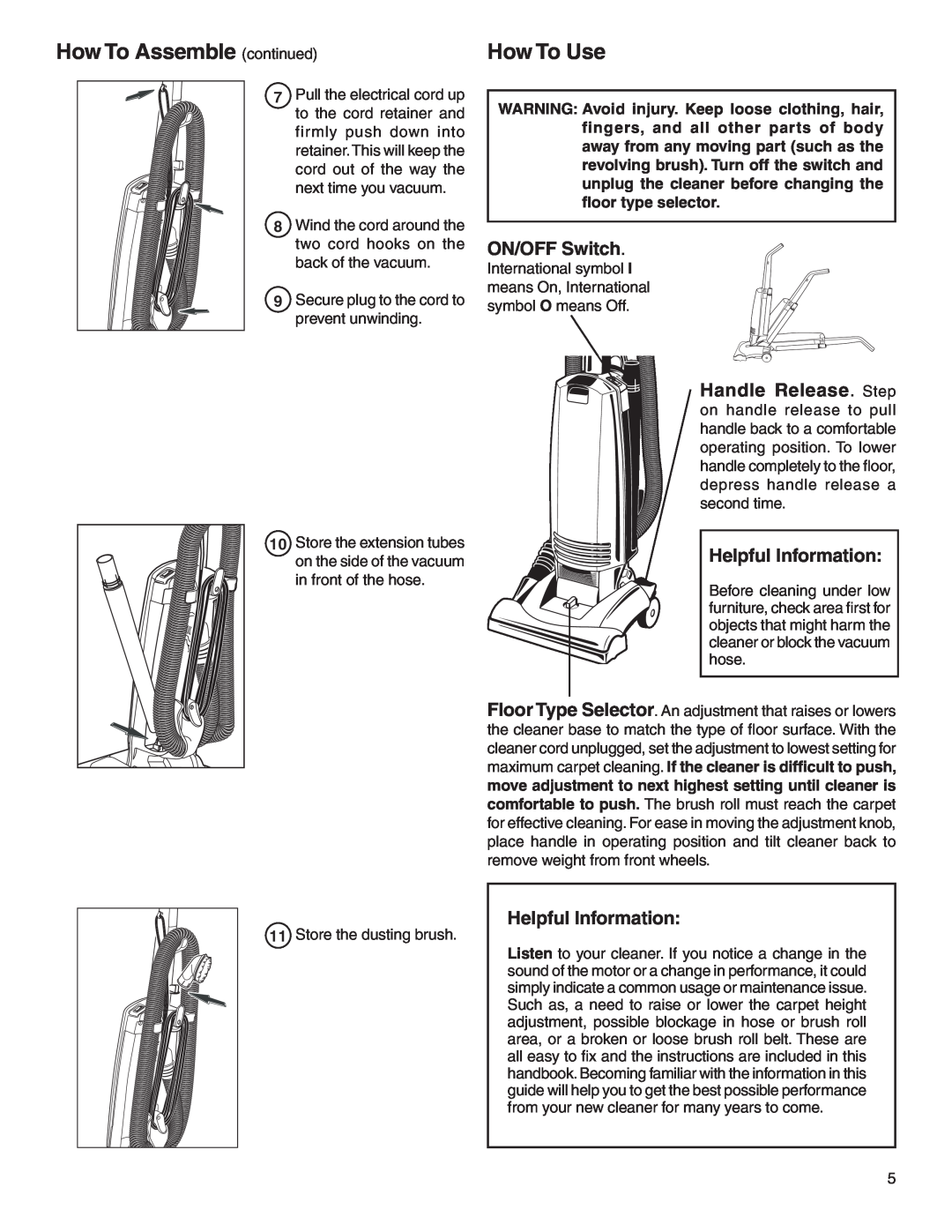 Electrolux Z2900 Series manual How To Assemble continued, ON/OFF Switch, Helpful Information, How To Use 