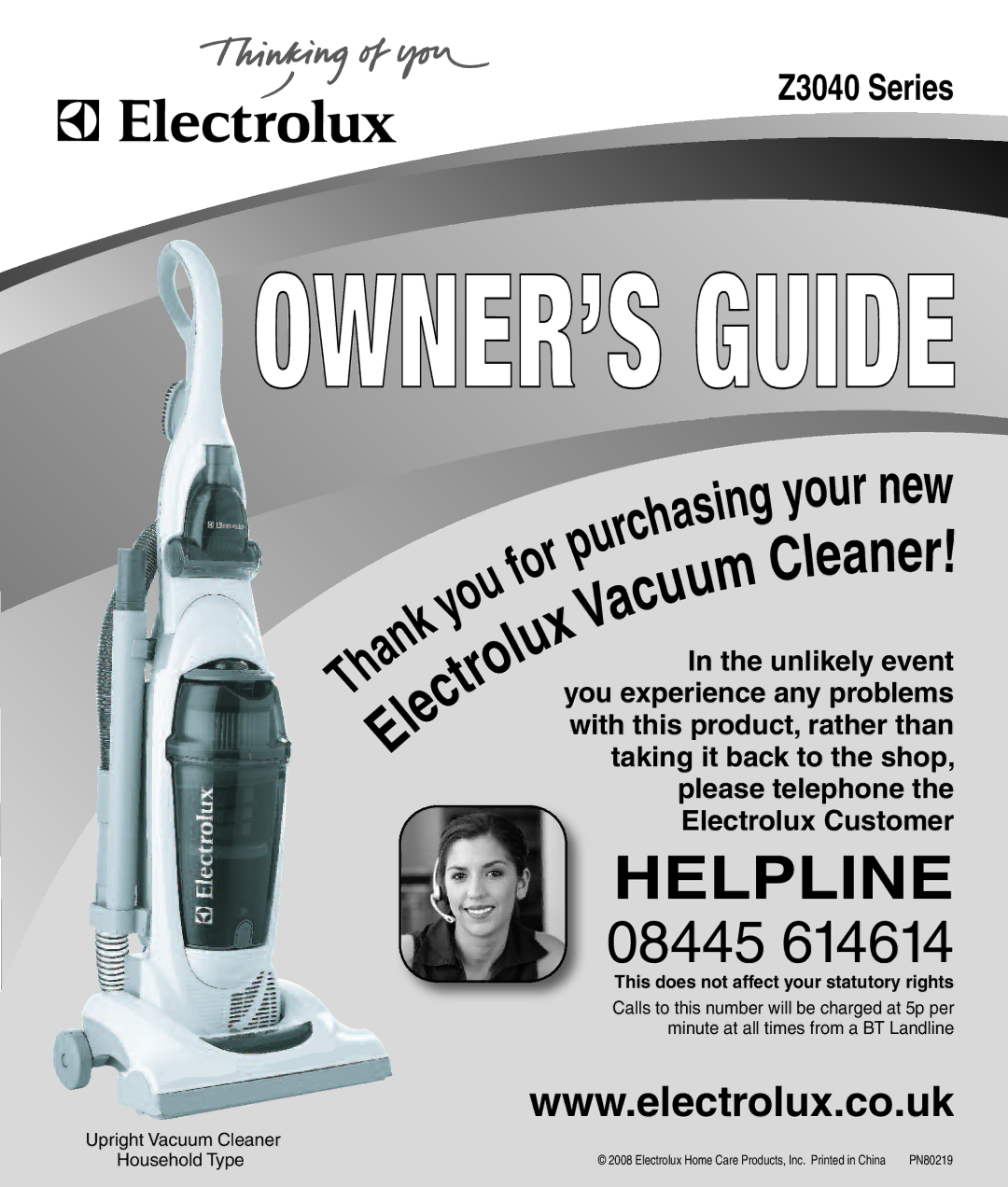 Electrolux Z3040 Series manual This does not affect your statutory rights, Upright Vacuum Cleaner Household Type 