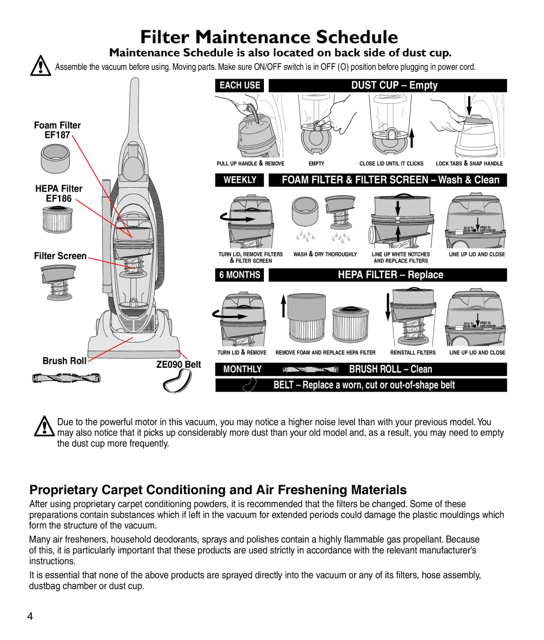 Electrolux Z3040 Series manual Filter Maintenance Schedule, Foam Filter EF187 Hepa Filter EF186, ZE090 Belt 