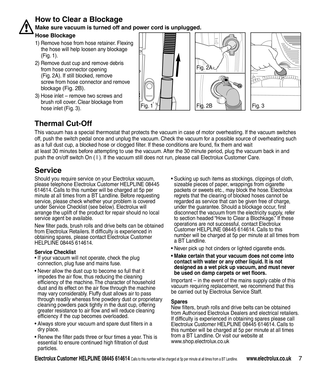 Electrolux Z3040 Series manual Service Checklist, Never pick up hot cinders or lighted cigarette ends, Spares 