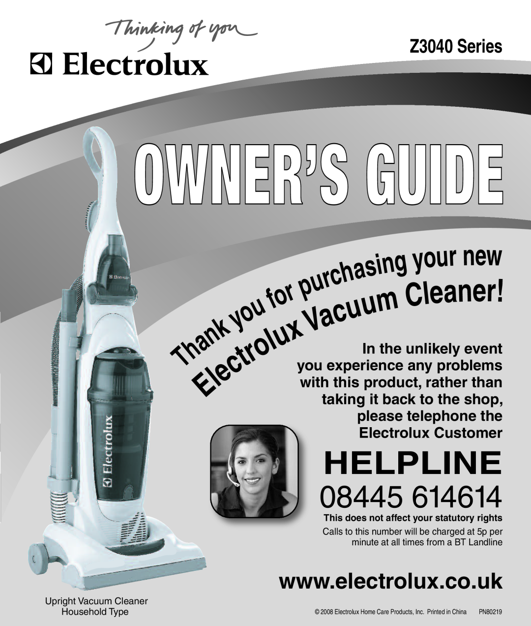 Electrolux Z3040 Series manual Helpline, 08445, taking it back to the shop, you experience any problems, Owner’S Guide 