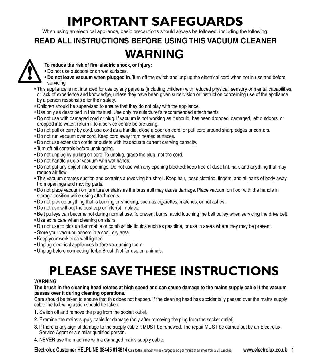 Electrolux Z3040 Series manual Read All Instructions Before Using This Vacuum Cleaner, Important Safeguards 