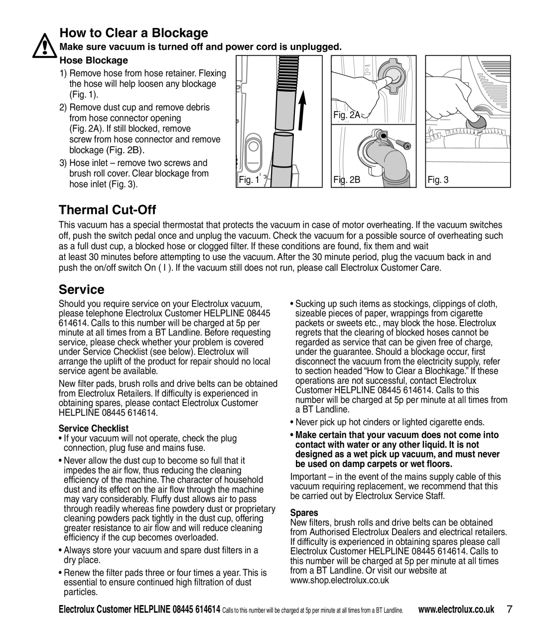 Electrolux Z3040 Series manual How to Clear a Blockage, Thermal Cut-Off, Hose Blockage, Service Checklist, Spares 