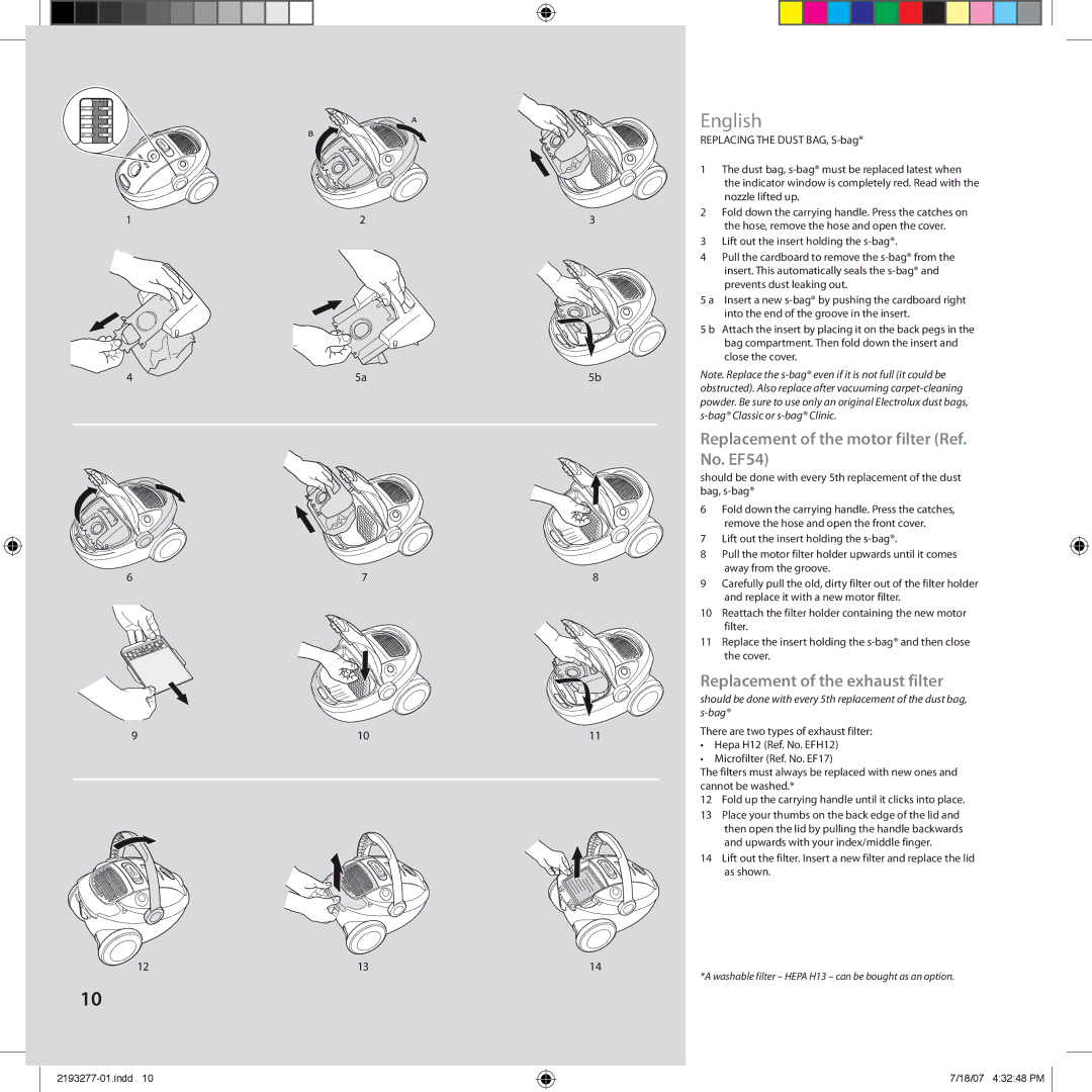 Electrolux Z3300 manual Replacement of the motor filter Ref. No. EF54, Replacement of the exhaust filter 