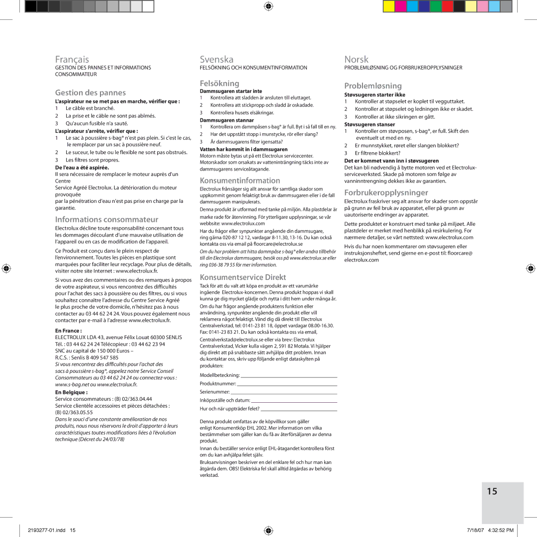 Electrolux Z3300 manual Gestion des pannes, Informations consommateur, Felsökning, Konsumentinformation, Problemløsning 