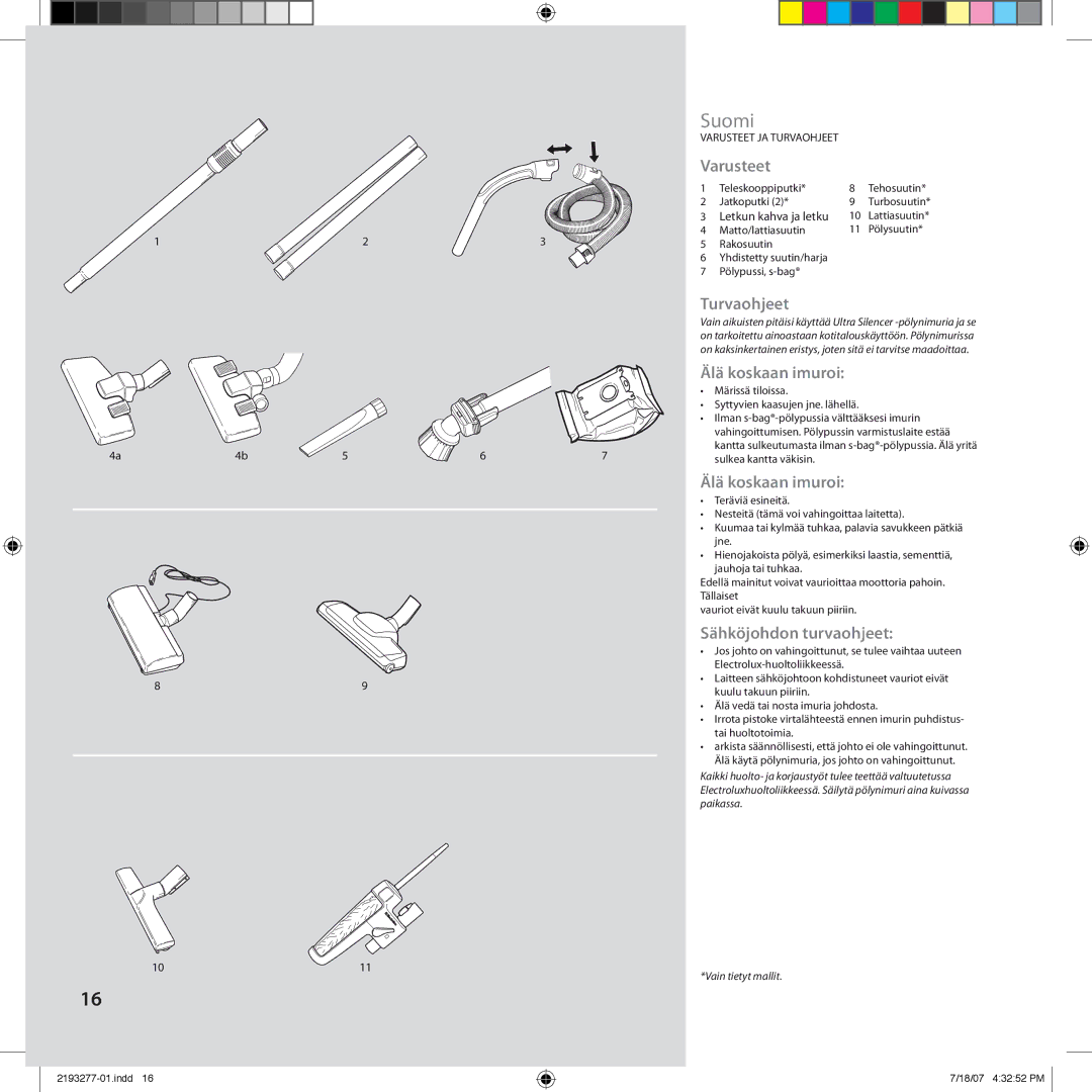 Electrolux Z3300 manual Suomi, Varusteet, Turvaohjeet, Älä koskaan imuroi, Sähköjohdon turvaohjeet 