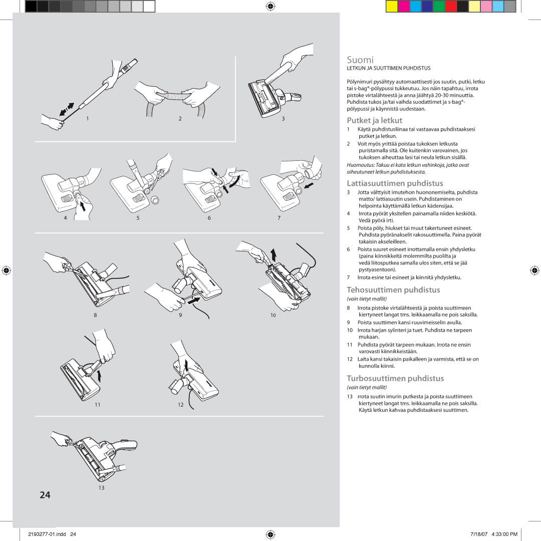 Electrolux Z3300 manual Putket ja letkut, Lattiasuuttimen puhdistus, Tehosuuttimen puhdistus, Turbosuuttimen puhdistus 