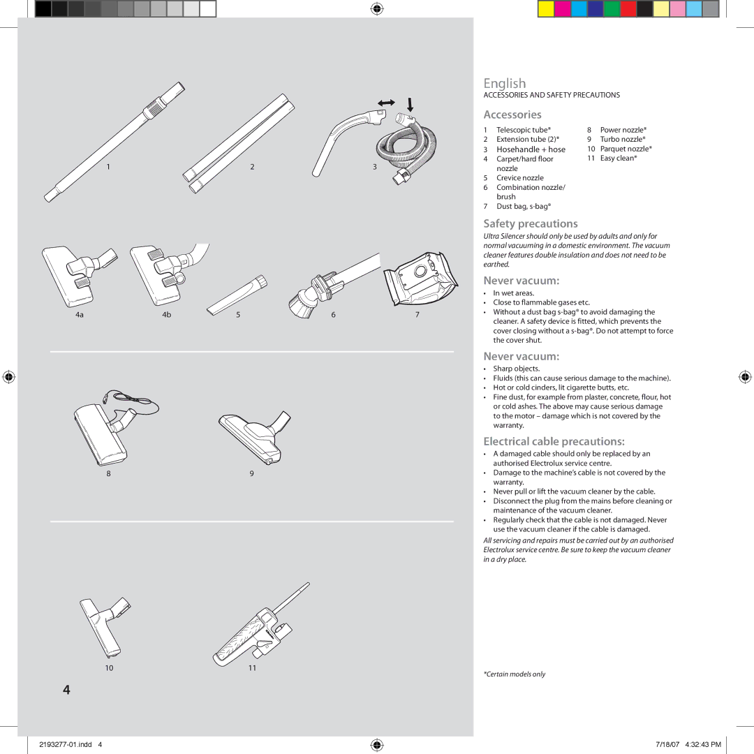 Electrolux Z3300 manual English, Accessories, Safety precautions, Never vacuum, Electrical cable precautions 