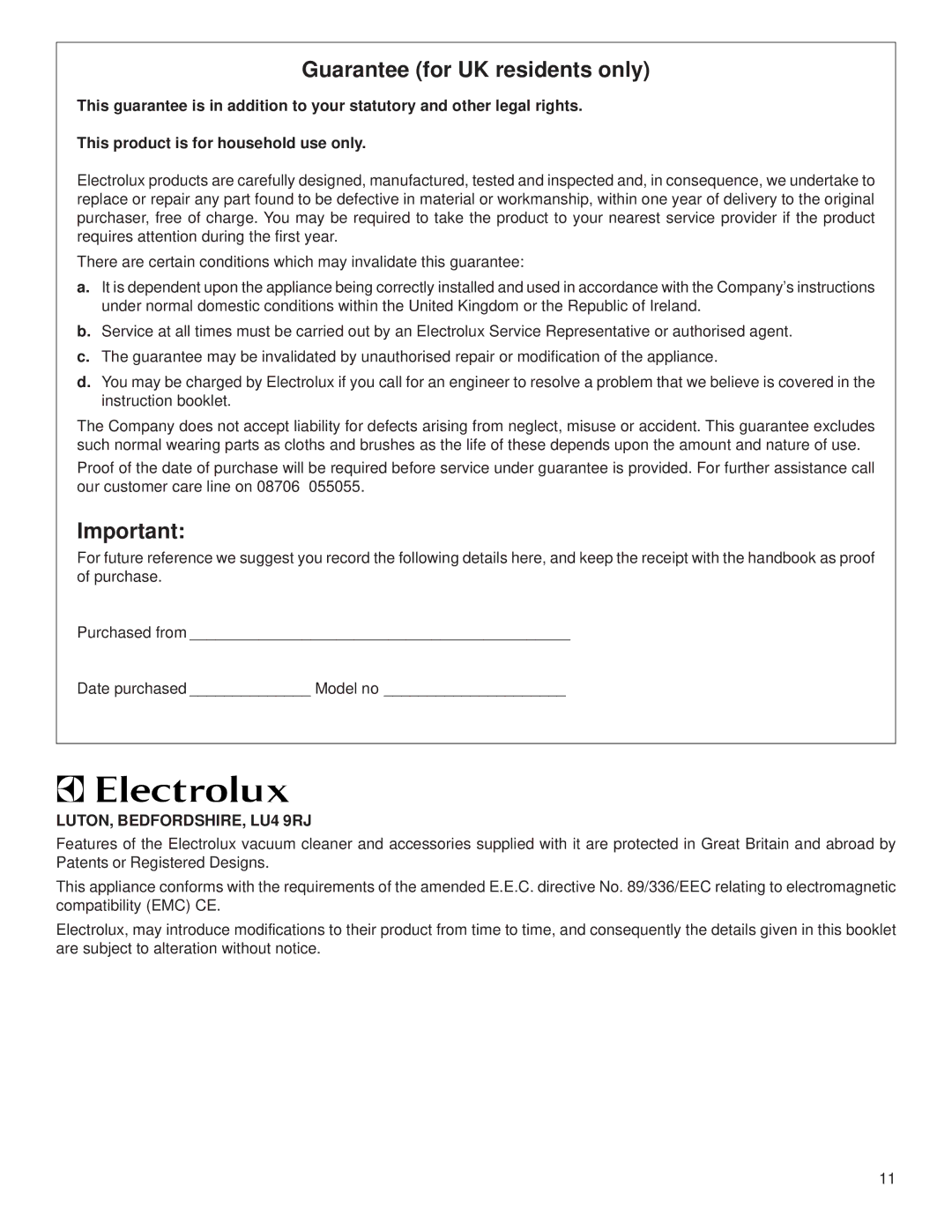 Electrolux Z370 manual Guarantee for UK residents only, LUTON, BEDFORDSHIRE, LU4 9RJ 