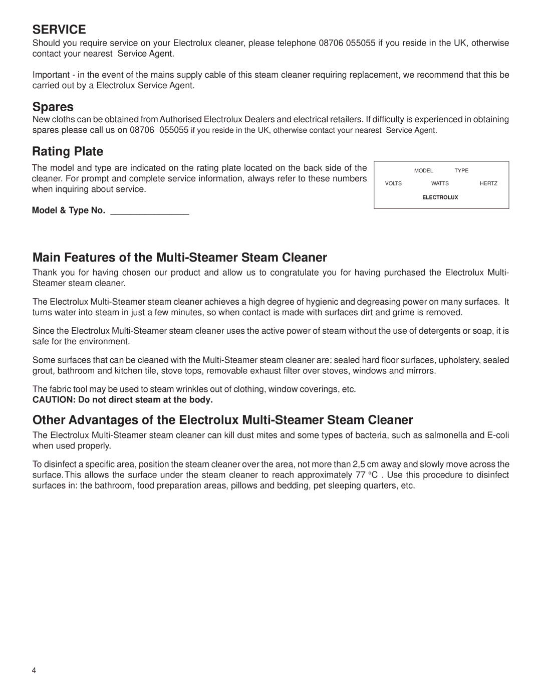 Electrolux Z370 manual Service, Spares, Rating Plate, Main Features of the Multi-Steamer Steam Cleaner, Model & Type No 