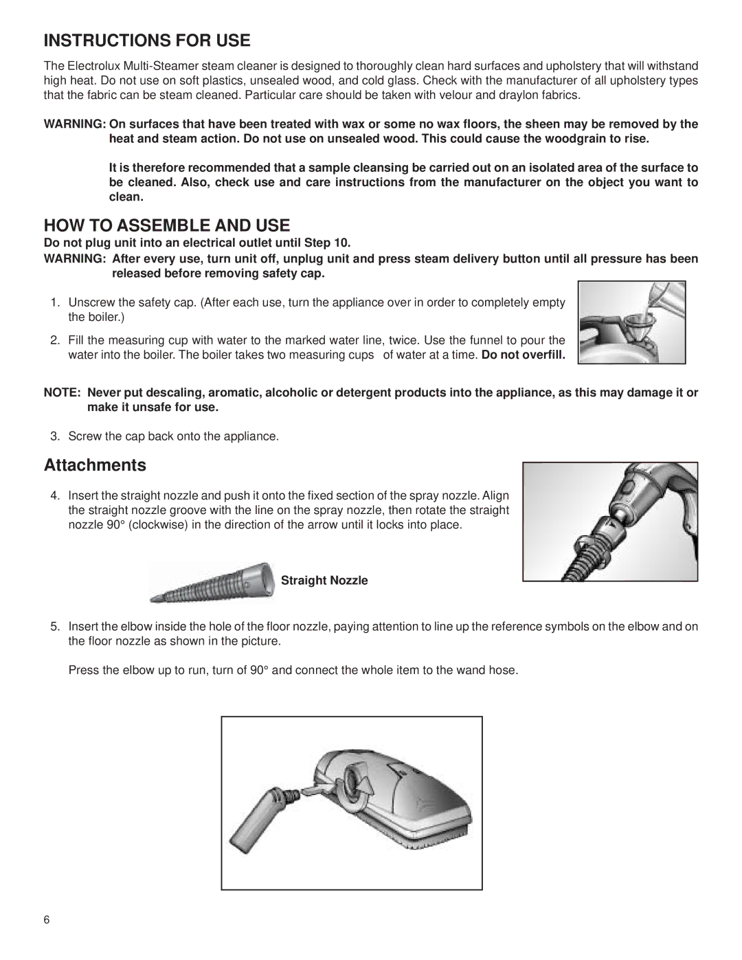 Electrolux Z370 manual Instructions for USE, HOW to Assemble and USE, Attachments, Straight Nozzle 