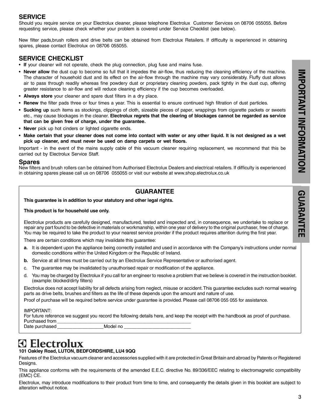 Electrolux Z425 Series manual Guarantee, Spares, Oakley Road, LUTON, BEDFORDSHIRE, LU4 9QQ 