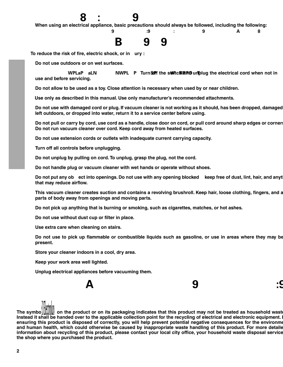 Electrolux Z430 Series manual Important Safeguards 