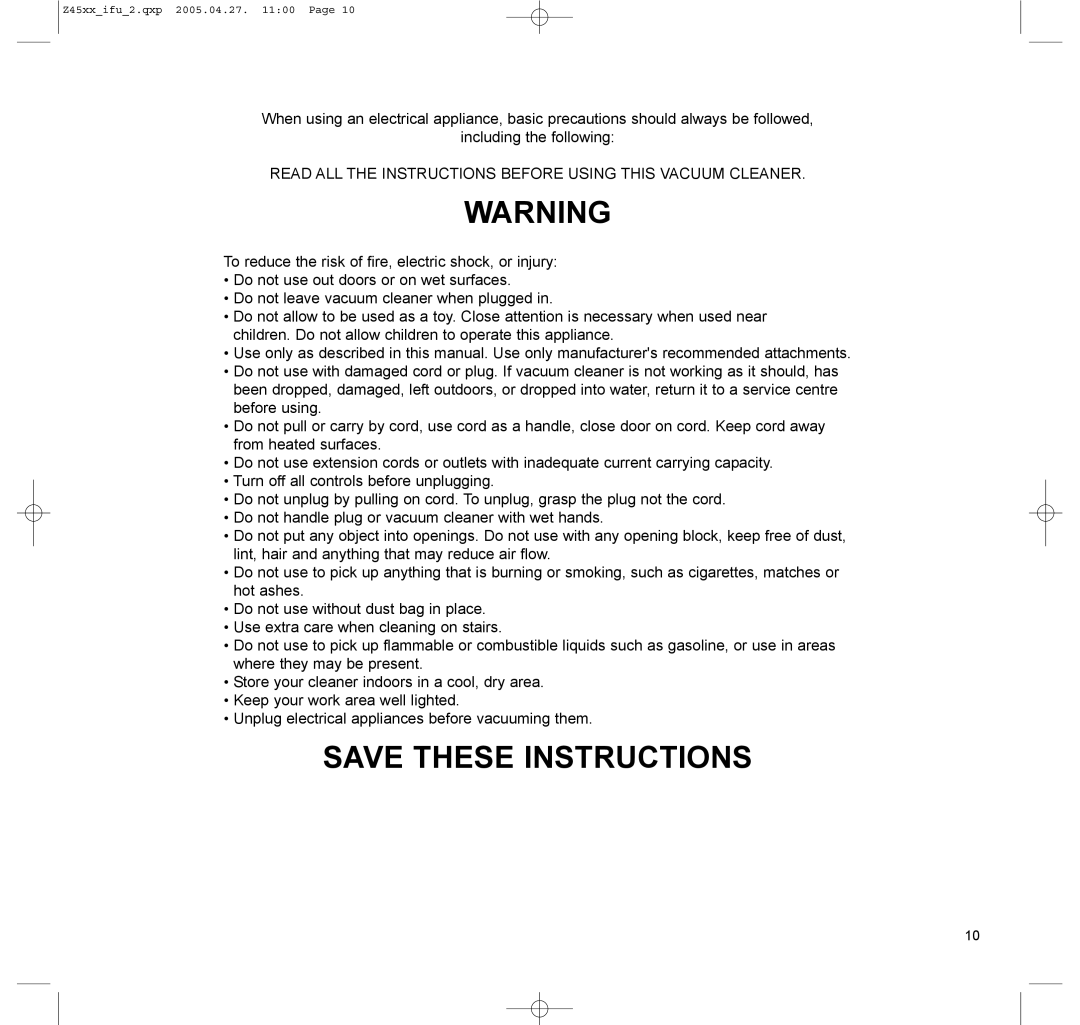 Electrolux Z4590, Z4520 manual Save These Instructions 