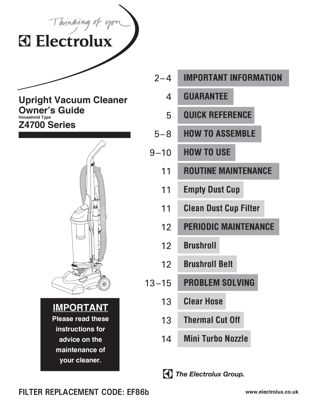 Electrolux Z4700 Series manual Upright Vacuum Cleaner Owner’s Guide 