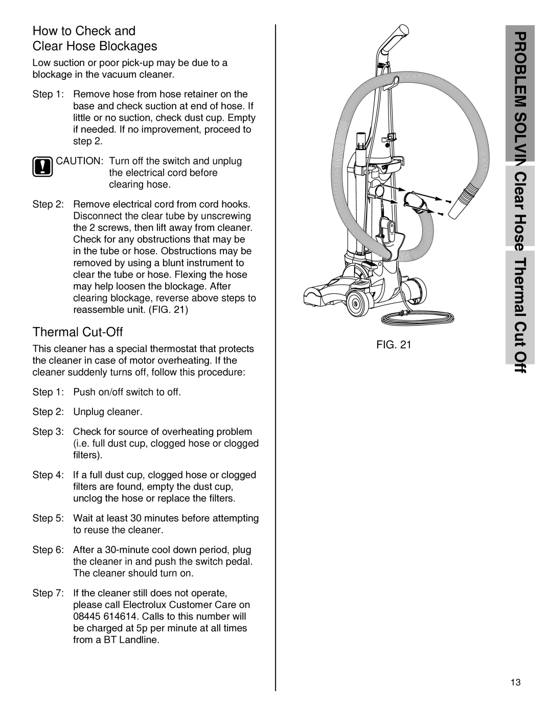 Electrolux Z4700 Series manual How to Check Clear Hose Blockages, Thermal Cut-Off 