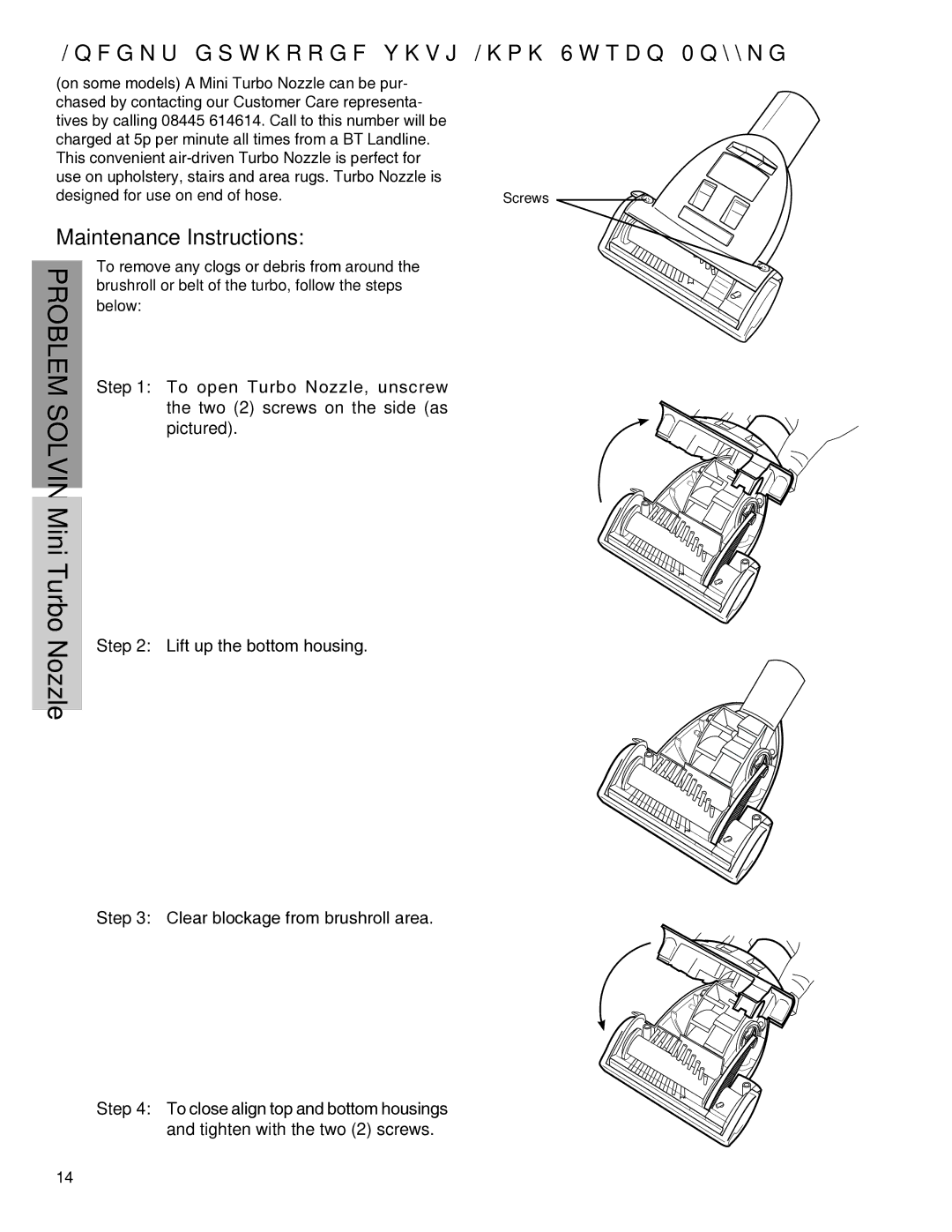 Electrolux Z4700 Series manual Models equipped with Mini Turbo Nozzle, Maintenance Instructions 