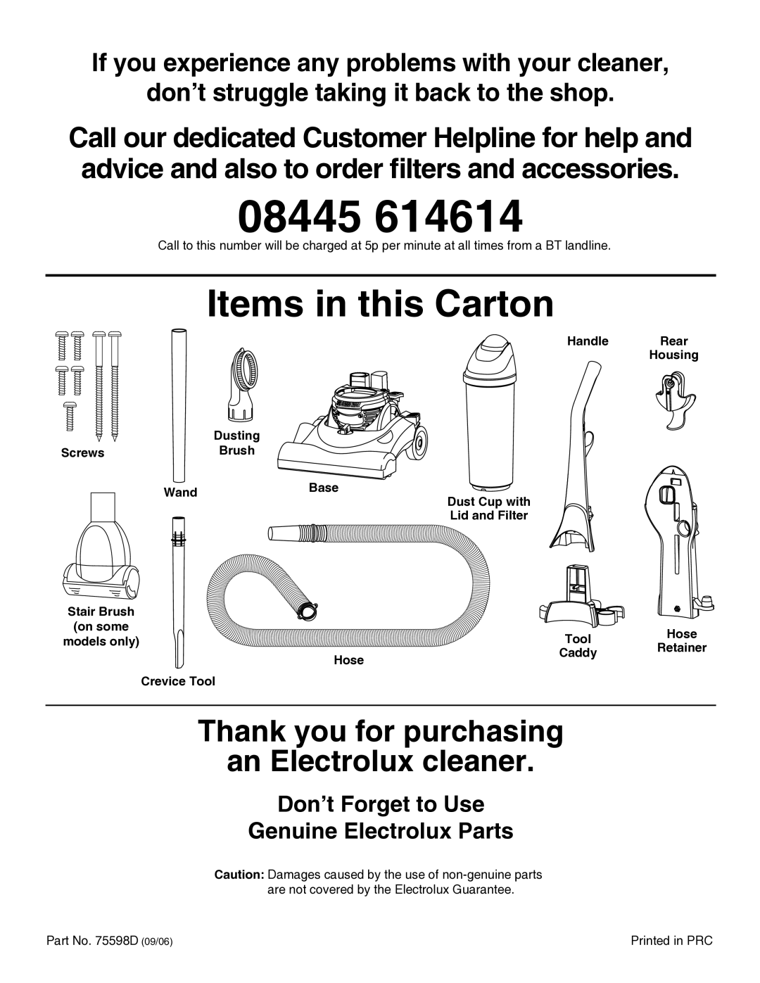 Electrolux Z4700 Series manual 08445, Don’t Forget to Use Genuine Electrolux Parts 