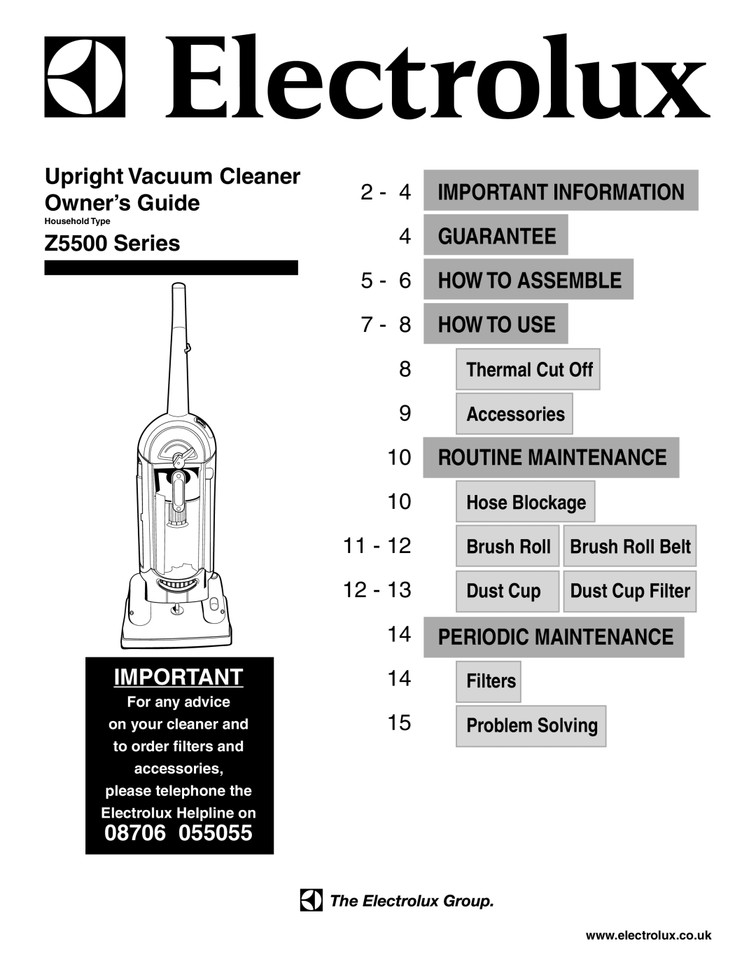 Electrolux Z5500 Series manual Important Information Guarantee HOW to Assemble 