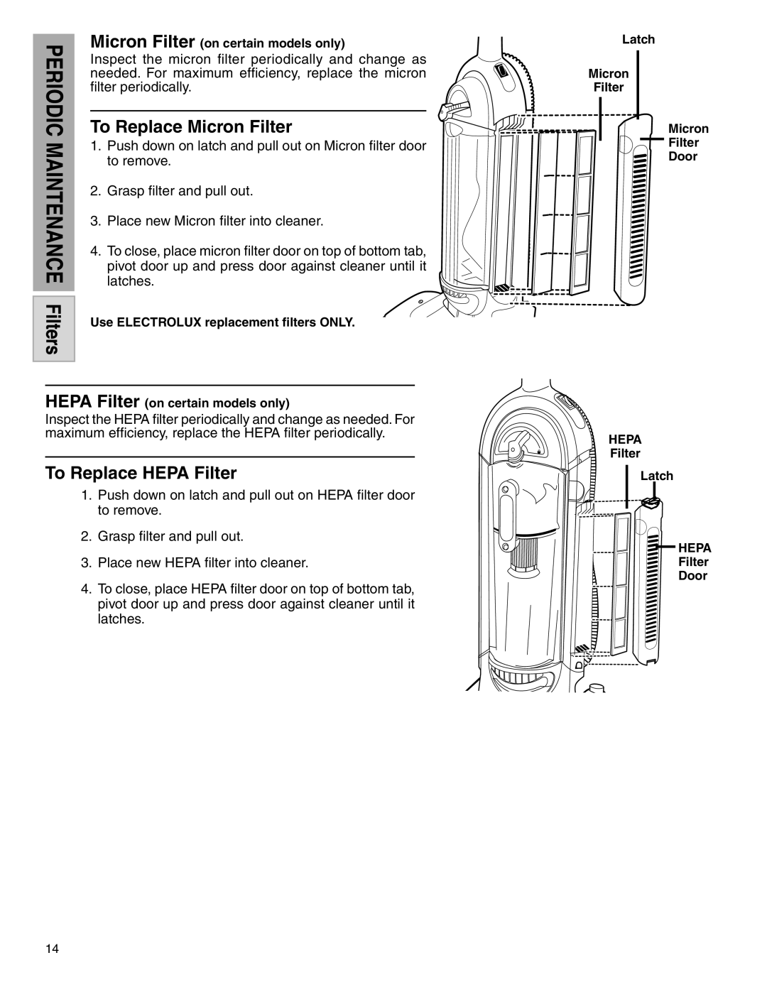 Electrolux Z5500 Series manual To Replace Micron Filter, To Replace Hepa Filter 