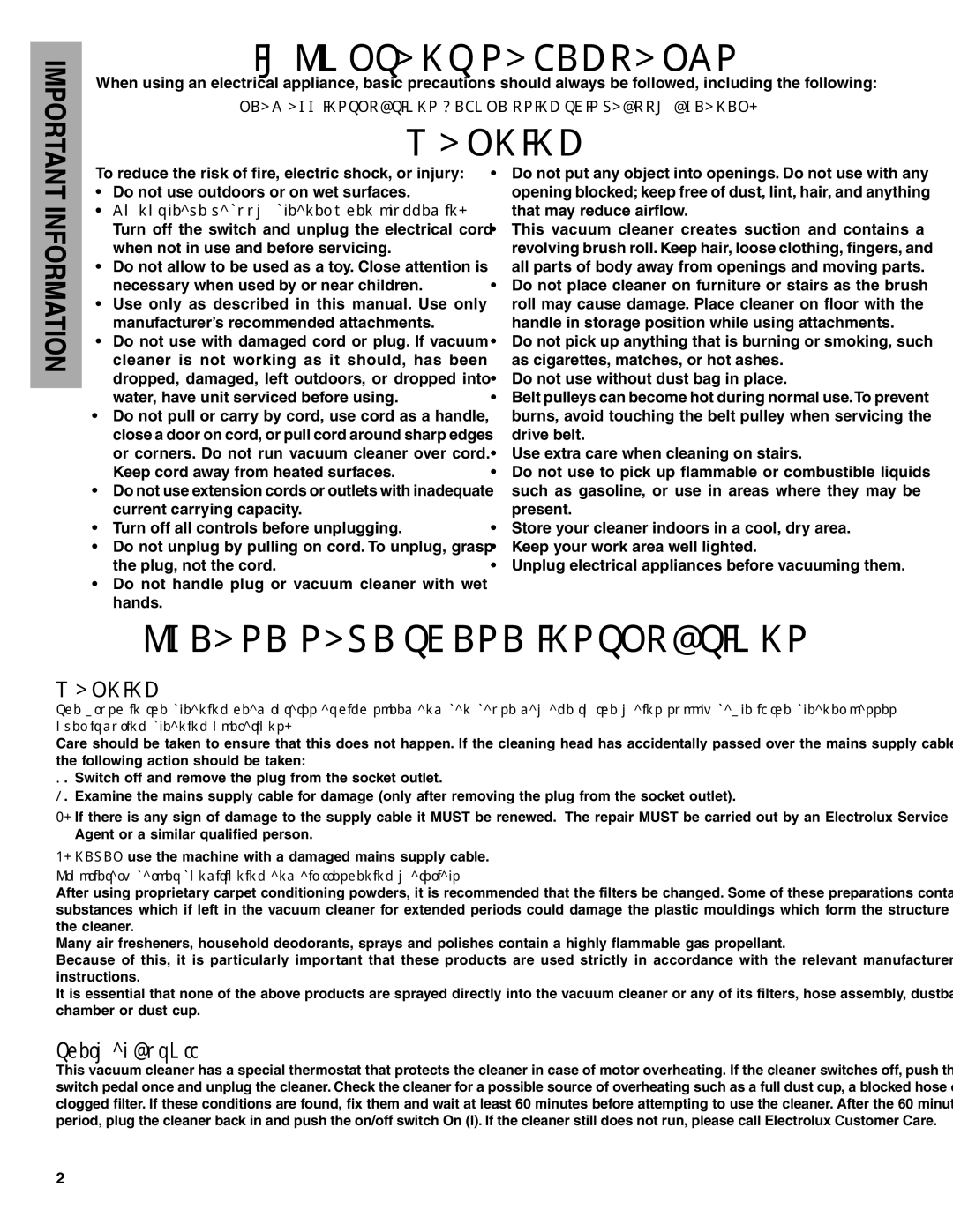 Electrolux Z5500 Series manual Important Safeguards, Thermal Cut Off 