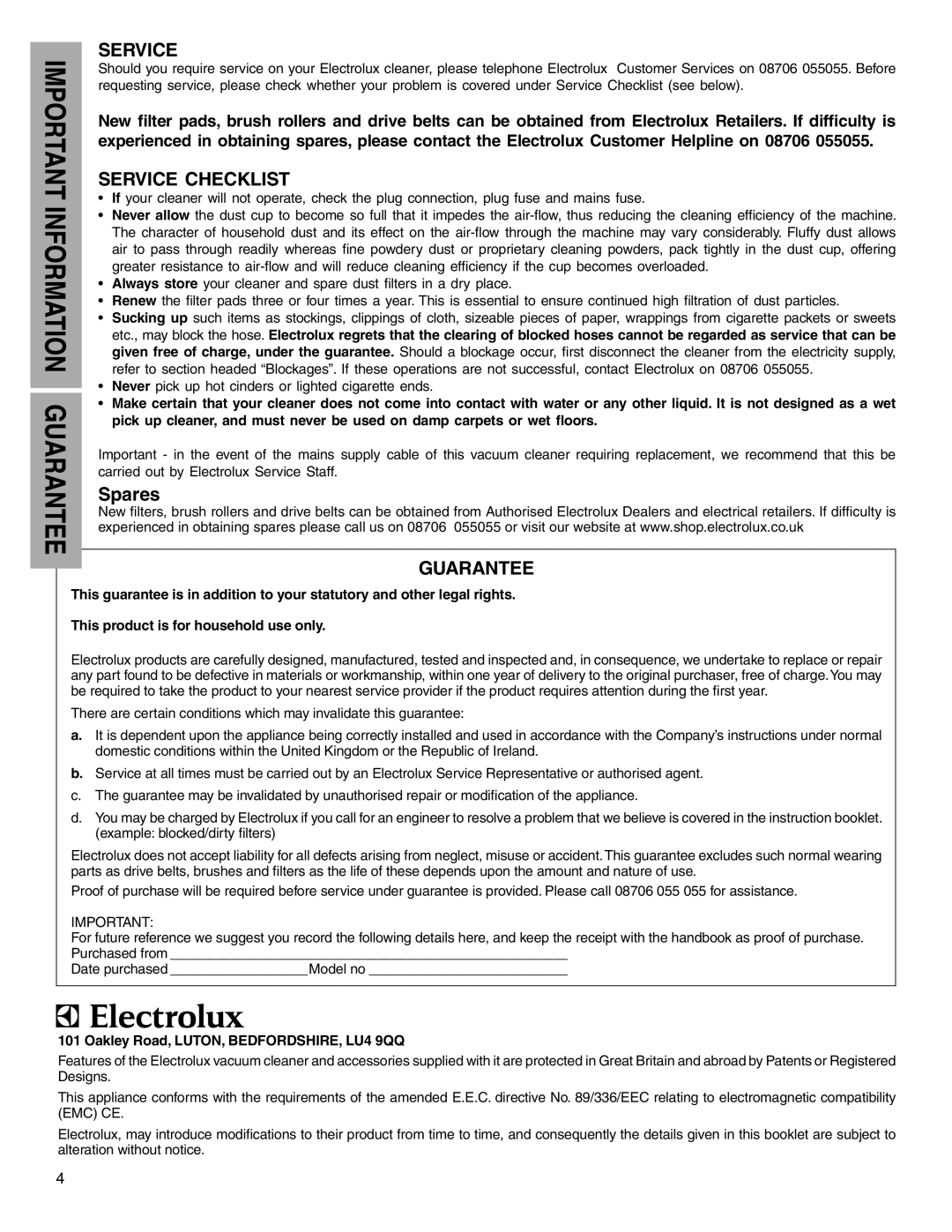 Electrolux Z5500 Series manual Service 